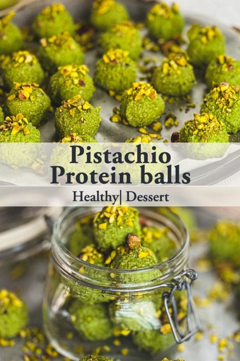 Pistachio Protein balls Pistachio Protein Balls, Snickers Protein Balls, Pistachio Healthy Recipes, Pistachio Protein Shake, Pistachio Recipes Healthy, Pistachio Snacks, Pistachio Energy Balls, Healthy Protein Balls, Protein Balls Recipe