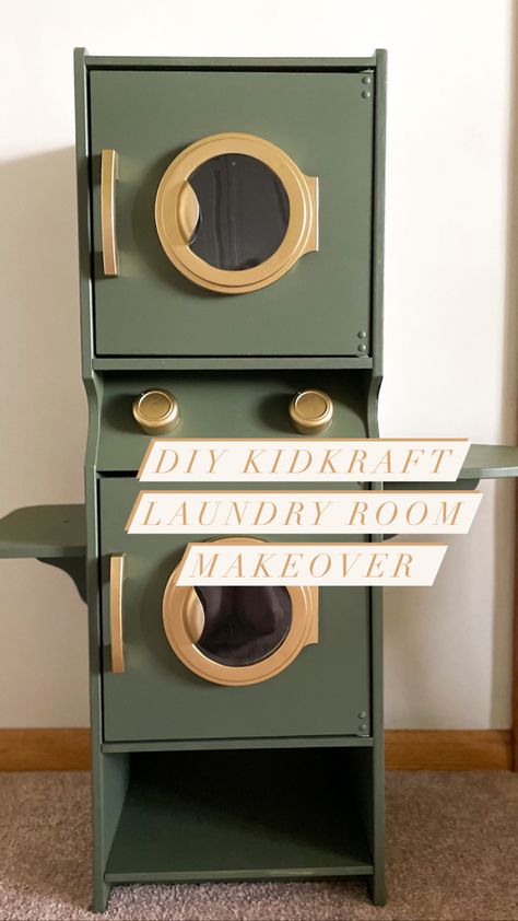 DIY kidkraft laundry room makeover. Cheap diy playroom Diy Play Laundry Set, Kidkraft Kitchen Hack, Diy Pretend Play Washer And Dryer, Diy Toy Fridge, Toy Washer And Dryer, Kitchen Playset Makeover, Diy Play Washer And Dryer, Melissa And Doug Makeover, Diy Play Kitchen Makeover