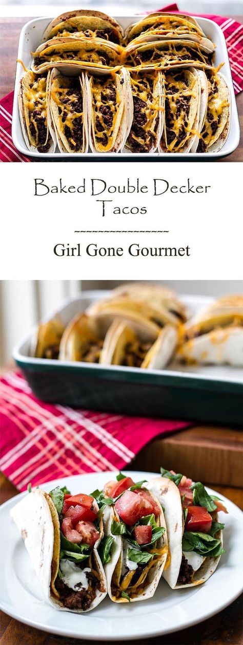 Taco night is double the fun with these double decker tacos | girlgonegourmet.com Tacos In The Oven, Double Decker Tacos, Double Decker Taco, Taco Easy, Football Recipes, Taco Time, Sour Cream Sauce, Bar Station, Taco Bar