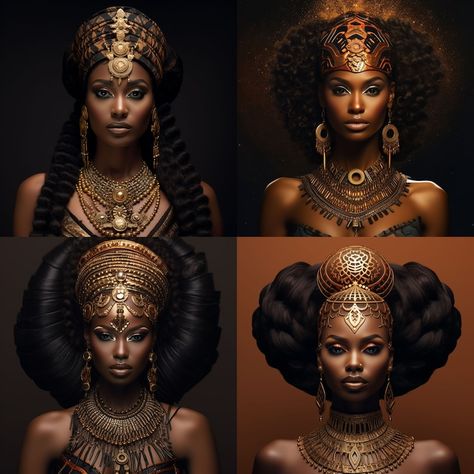 "The regal African queen possesses a commanding presence, her rich chocolate skin radiating warmth and strength. Adorned with intricate jewelry, her hair is a majestic crown of its own, woven with cultural significance and regal elegance. Her aura exudes grace and power, a living embodiment of heritage and beauty. Her eyes, deep and expressive, reflect wisdom acquired through the tapestry of experiences she has woven. The traditional garments she wears are a harmonious blend of vibrant colors, each thread telling a story of resilience and triumph. As she moves with regality, her gestures are deliberate and poised, carrying the weight of history with a graceful ease. In her presence, there's an undeniable sense of majesty that transcends time and resonates with the spirit of a proud and end Egyptian Goddess Art, Intricate Jewelry, Regal Elegance, Warriors Art, African Queen, Egyptian Goddess, Black Artwork, Black Art Pictures, African Beauty