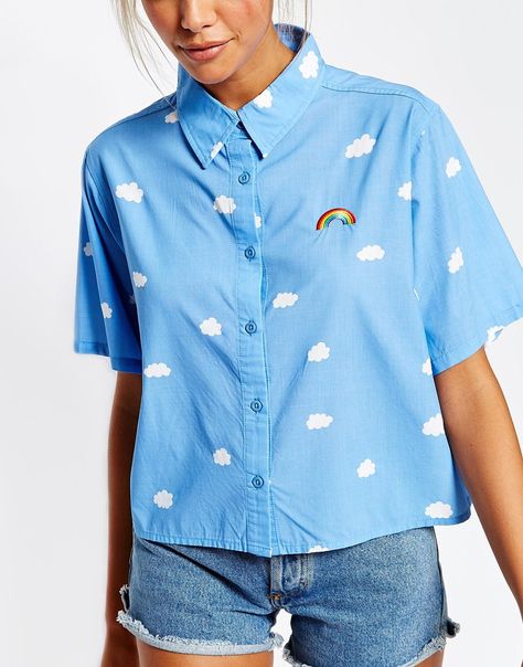 Image 3 of Lazy Oaf Short Sleeve Shirt In Rainbow Clouds Print Cloud Clothes, Drawing Clouds, Cloud Shirt, Idea Drawing, Colorful Clothes, Rainbow Clouds, 일본 패션, Mode Chanel, Cloud Print