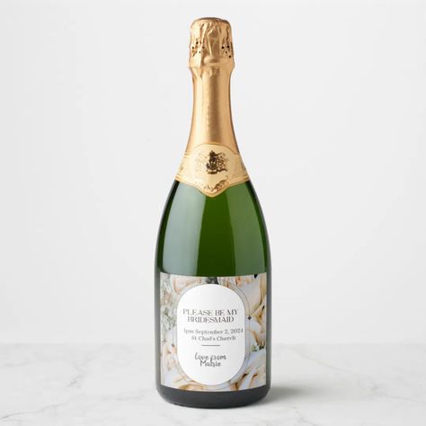 Bridesmaid invitation Bubbly Champagne Prosecco Sparkling Wine Label | Zazzle Custom Champagne Bottle Labels, Custom Champagne Bottle, Wash Drawing, Wedding Pen, Floral Wreath Wedding, Sparkling Wine Label, Elegant Modern Wedding, Watercolor Monogram, Champagne Bottle Labels