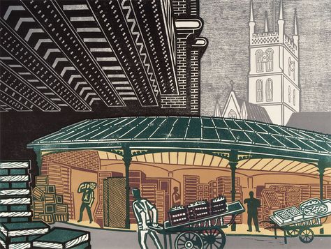 Borough Market by Edward Bawden London Markets, Edward Bawden, Southwark Cathedral, London Market, Borough Market, Art Trade, Wood Cut, Royal College Of Art, Art Uk