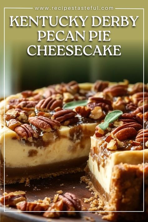 This Kentucky Derby Pecan Pie Cheesecake is a decadent dessert that layers a rich pecan pie filling atop a smooth cheesecake, all resting on a buttery graham cracker crust. Perfect for celebrations or special occasions, this unique dessert combines classic Southern flavors for an unforgettable treat. Graham Cracker Crust Pie Filling, Graham Cracker Crust Pie Recipes, Kentucky Derby Pie Recipe, Derby Pie Recipe, Unique Pie Recipes, Pecan Cheesecake Recipes, Pecan Pie Cheesecake Recipe, Pie Contest, Kentucky Derby Pie