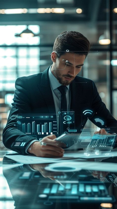 Futuristic Business Analysis: A focused businessman interacts with advanced digital interfaces for data analysis in a high-tech office. #businessman #technology #futuristic #analysis #digital #interface #office #professional #aiart #aiphoto #stockcake https://ayr.app/l/zW1S Investors Pictures, Photo Editing Apps Free, Deadpool Drawing, Tech Image, Technology Futuristic, Tech Office, Picture Cartoon, Aesthetic Profile Picture Cartoon Soft, Headshot Ideas