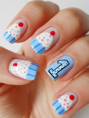 Cute idea for a little girl's birthday party! From Marce7ina's Nai7 Art: Blog's First Birthday Cupcake Nail Art, Cupcake Nails, Birthday Nail Art, Birthday Nail Designs, Korean Nail Art, Korean Nails, Party Nails, Halloween Nail Art, Birthday Nails