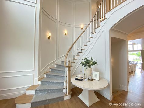 30 Beautiful Ideas on How to Decorate Tall Walls | Remodelaholic Curved Staircase Wall Molding, How To Decorate Curved Walls, Curved Staircase Wall Decor Ideas, Decorate Curved Wall, How To Decorate A Curved Wall, Curved Staircase Decor, Curved Staircase Wall Decor, Curved Wall Decor Ideas, Opening Up Staircase Wall