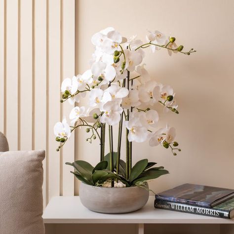 Orchid Flower Arrangements, Artificial Plants And Trees, Artificial Orchids, Orchid Pot, Artificial Flowers And Plants, Dining Table Centerpiece, Table Centrepiece, Garden Bedroom, Grey Ceramics