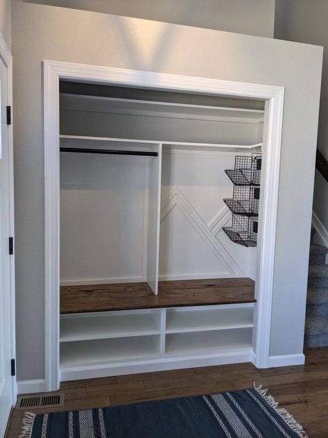 Entry Closet Makeover, Front Hall Closet, Closet Mudroom, Front Closet, Mudroom Closet, Mudroom Bench With Storage, Mudroom Bench Ideas, Entry Closet, Hallway Closet