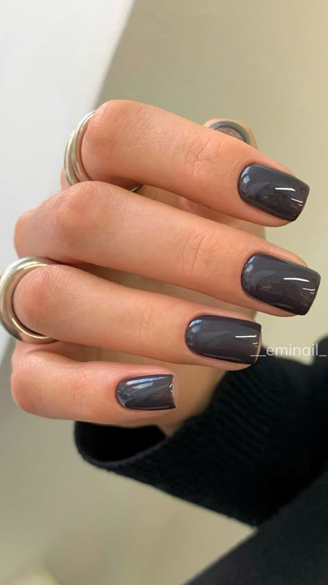 Trending Nails Colors 2023, Short Dark Grey Nails, Short Dark Fall Nails, Slate Gray Nails, Fall Mani Pedi Combos 2023, Fall Nails Gray, Grey Brown Nails, September Dip Nails, Dark Neutral Nails