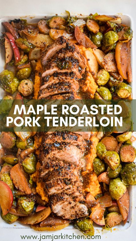 Maple roasted pork tenderloin Pork Tenderloins In Oven, Pork Fall Dinners, Apple And Pork Recipes, Fall Dinner Recipes Oven, Pork Tenderloin Brussel Sprouts, Fall Pork Tenderloin Recipes Crockpot, Pork Fall Recipes, Pork Tenderloin Recipes In Crockpot Best, Apple Tenderloin Recipes