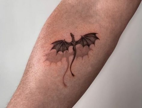 Tattoo Ideas Dragon Arm, Dragon In Flight Tattoo, Fantasy Tattoos Ideas, Fairy Tale Dragon Tattoo, Negative Space Dragon Tattoo, Tattoo With Shadow Effect, 3 Dragons Tattoo Game Of Thrones, 13 Wyvern Tattoo, Flying Dragon Back Tattoo