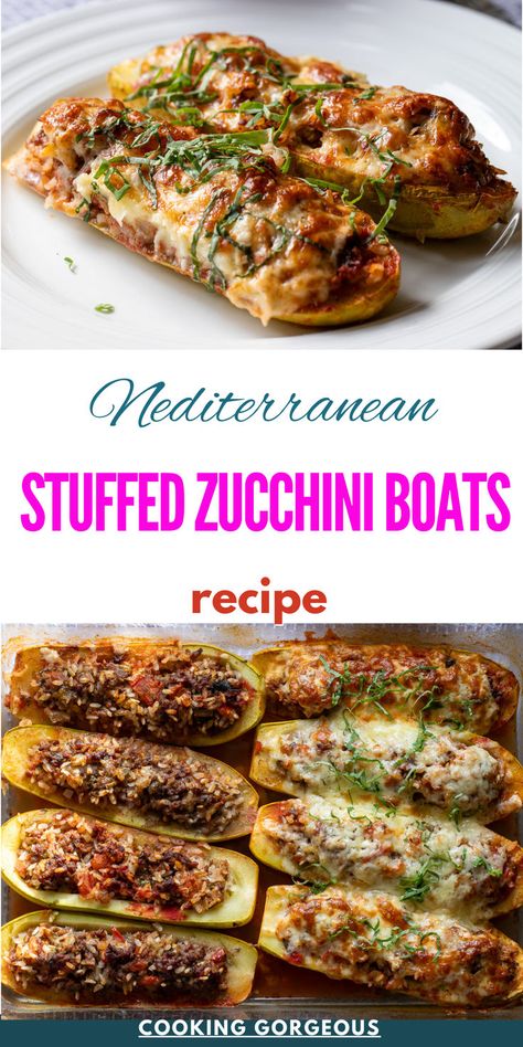 Hollowed out zucchinis filled with spiced ground beef, onions, fresh herbs, and rice, topped with cheese to add extra flavor, and then baked to tender perfection. Mediterranean Ground Beef, Ground Beef Stuffed Zucchini, Shirazi Salad, Garden Zucchini, Ground Beef And Rice, Albanian Recipes, Stuffed Zucchini Boats, Great Dinner Recipes, Healthy Ground Beef