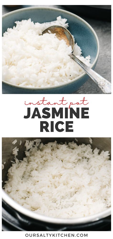 Top - side view of jasmine rice in a blue bowl with a silver serving spoon; bottom - jasmine rice in an instant pot. Cook Jasmine Rice, Perfect Jasmine Rice, White Jasmine Rice, Jasmine Rice Recipes, Rice In The Microwave, Vegetable Stir Fry Recipe, Cooking Jasmine Rice, Perfect Rice, Rice Varieties