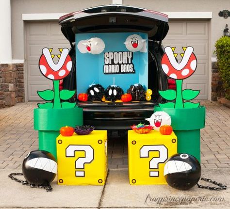 Mario Trick Or Trunk, Trunk Or Treat Video Game Theme, Princess Peach Trunk Or Treat, Mario Diy Party Decorations, Bowsers Castle Trunk Or Treat, Super Mario Bros Trunk Or Treat Ideas, Super Mario Brothers Party Decorations, Super Mario Props, Super Mario Brothers Trunk Or Treat