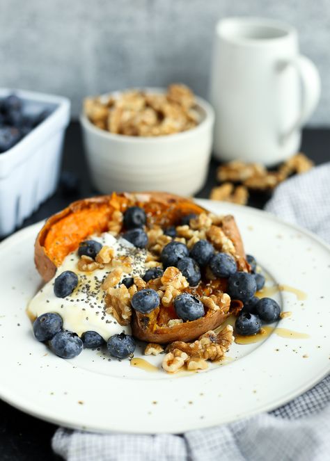 Breakfast Stuffed Blueberry Sweet Potato with Walnuts Smoothie With No Banana, Sweet Potato Nutrition, Greek Yogurt Flavors, Stuffed Sweet Potatoes, High Protein Smoothies, Berry Breakfast, Sweet Potato Breakfast, Berry Smoothie, Potatoe Salad Recipe