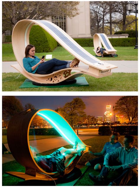 Cool! "Soft Rockers" are solar-powered lounging chairs that recharge your electronics. Desain Pantry, Public Seating, Rocker Chairs, Urban Furniture, Bench Designs, Street Furniture, Creative Furniture, Lazy Susan, Cool Technology