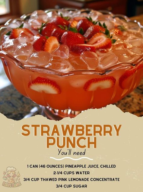 Strawberry Pineapple Punch, Strawberry Punch Recipes, Strawberry Punch, Baileys Drinks, Alcoholic Punch Recipes, Party Punch Recipes, Christmas Punch Recipes, Pineapple Punch, Lemonade Concentrate