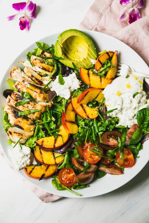 Grilled Peach and Chicken Salad with Burrata - Never Not Hungry Barata Salad, Peach Chicken Salad, Salad With Burrata, Peach Chicken, Grilled Peach Salad, Fresh Summer Salad, Burrata Salad, Panzanella Salad, Top Chicken Recipes