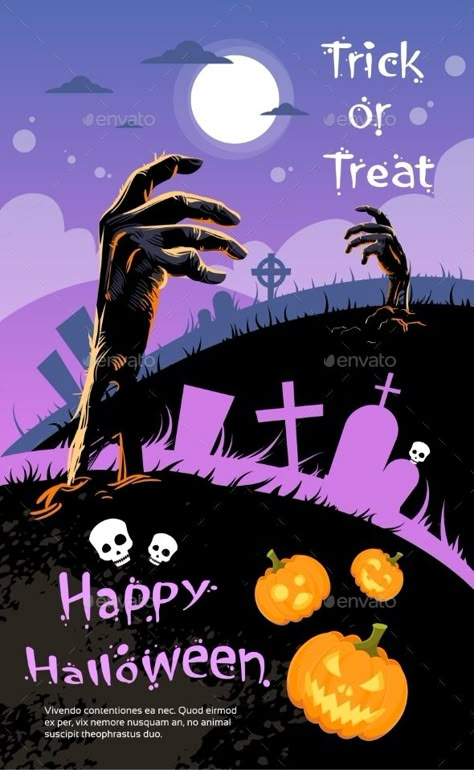 Halloween Banner Cemetery Graveyard Hand From Ground Party Invitation Card Flat Vector Illustration Invitation Card Halloween, Halloween Graphic Design Illustration, Halloween Design Illustration, Halloween Invitation Card, Halloween Graphic Design, Halloween Banners, Happy Birthday Invitation Card, Halloween Posters, Vintage Halloween Images