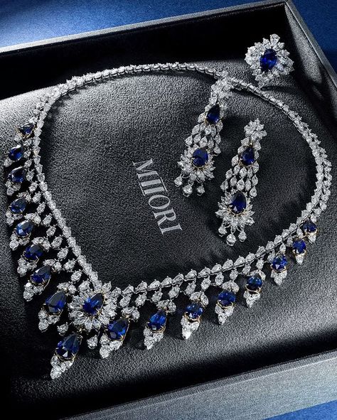 sapphire-ring/ Sapphire diamond set from MIIORI fall 2016 collection Expensive Necklaces, Sapphire Jewelry Set, قلادات متدلية, Autumn Necklace, 2016 Fall, Expensive Jewelry Luxury, Diamond Necklace Designs, Diamond Necklace Set, Blue Stones