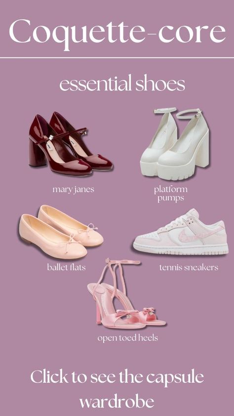 Essential shoes for coquette core capsule wardrobe, coquette style aesthetic, lana del rey, dolette, lolita core, styling, fashion, trends, springtime, spring aesthetic, girlie pink princess girl, mary janes, ballet flats, cute pumps, platforms, open toed shoes sandal hills, nike tennis sneakers, footwear Coquette Shoes Aesthetic, Coquette Footwear, Ballet Core Shoes, Princess Shoes Aesthetic, Shoujo Shoes, Cute Shoe Laces, Aesthetic Pink Clothes, Coquette Sneakers, Coquette Style Aesthetic