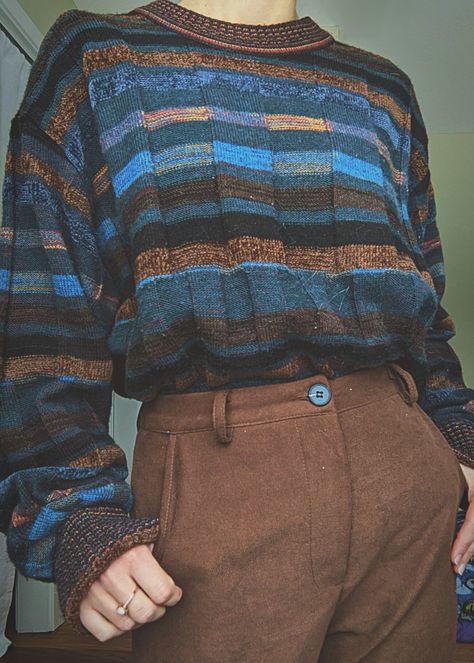 Thrifted cold weather vibes 80s Sweater Outfit Men, Folk Fashion Men, 80s Aesthetic Outfits, Coogi Sweaters, Sweater Outfits Men, Botanical Fashion, Boyfriend Outfit, 80s Sweater, Concept Clothing