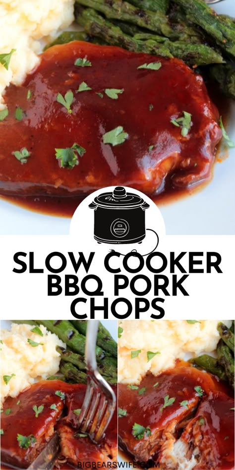 You only need 4 items for these Slow Cooker BBQ Pork Chops! Ready to make them? Grab some pork chops, BBQ sauce, soda, and a slow cooker! Crockpot Porkchops Bbq, Crock Pot Pork Chops Bbq, Barbecue Pork Chops In Crockpot, Crockpot Bbq Pork Chops Boneless, Barbecue Pork Chops Crock Pot, Recipes For Pork Chops In Crock Pot, Crockpot Barbecue Pork Chops, Boneless Pork Chop Recipes Crockpot Bbq, Pork Chops In The Crock Pot Bbq