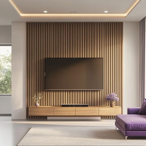 Brown Wall-Mounted Modern TV Unit Design with Fluted Panel and Storage Solutions | Livspace Walnut Paneling, Tv Unit Ideas, Media Walls, Backdrop Tv, Dnevni Boravak, Feature Wall Living Room, Red Oak Wood, Wood Slat Wall, Wall Panel Design