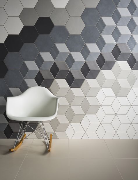 Love hexagonal tiles and baby block pattern! Hex Tiles, Modern Tile Designs, Hexagonal Tiles, Community Ideas, Johnson Tiles, Flooring Tiles, Bee Wall, House Deco, Geometric Tiles