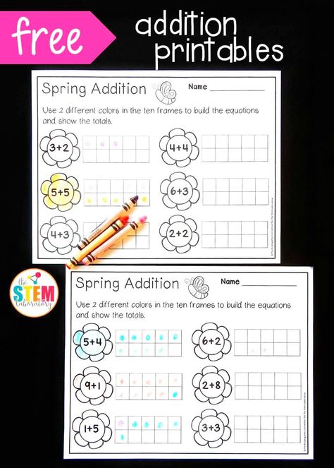 Free Spring Ten Frame Addition Sheets! Great visual for teaching kids how to add. Fun kindergarten math center for spring! Ten Frame Addition, Flower Math, Frame Addition, Flower Activities, Free Math Centers, Teaching Subtraction, Prek Worksheets, Kindergarten Spring, Kindergarten Math Centers