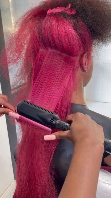 Different Colors To Dye Your Hair, Pink Dyed Hair Black Women, Hairstylist Black Women, Pink Silk Press, Pink 4c Hair, Pink Hair Black Women, Pink Natural Hair, Black Hairstylist, Haircut Trim