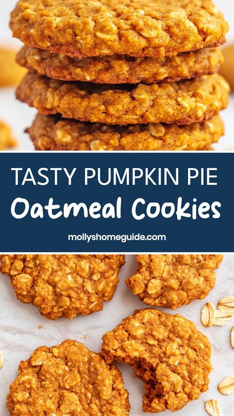 Indulge in the perfect fall treat with these scrumptious pumpkin pie oatmeal cookies. The warm flavors of pumpkin pie spices combined with chewy oats make these cookies an irresistible combination of seasonal goodness. Whether you enjoy them as a cozy dessert or a sweet snack, these cookies are sure to be a hit with family and friends. Baking a batch of pumpkin pie oatmeal cookies is an easy way to bring the taste of autumn into your home. Oatmeal Pumpkin Cookies, October Dessert, Pumpkin Pastry, Pumpkin Pie Cookies, Pumpkin Pie Oatmeal, Xmas Baking, Pumpkin Oatmeal Cookies, Pumpkin Oats, Moon Pies