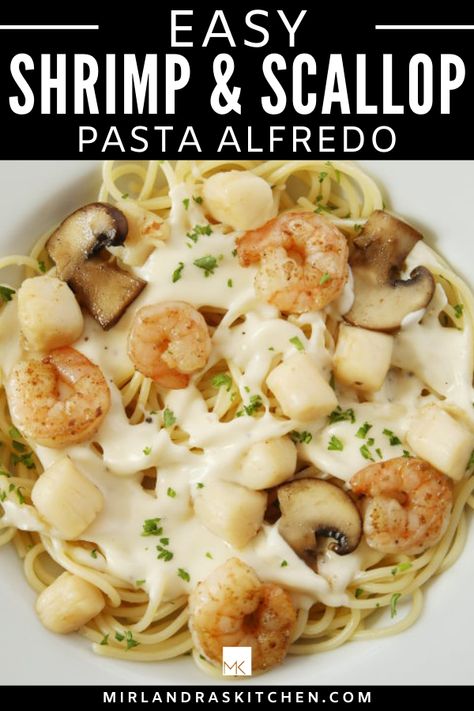 Tasty bay scallops and shrimp are tossed into a simple pasta dish and drizzled with alfredo sauce. Anybody can make this recipe at home for a special meal or just because seafood is wonderful! Bay scallops are a simple and economical way to enjoy scallops for much less than sea scallops! Try this for Valentine's Day or just a date night at home! #pasta #seafood #holiday #dinnner #datenight Shrimp And Bay Scallop Recipes, Scallop Alfredo Pasta, Shrimp And Scallop Pasta, Scallop And Shrimp Pasta, Bay Scallop Recipes, Scallop Recipes Pasta, Shrimp And Scallop Recipes, Scallops And Shrimp, Bay Scallops