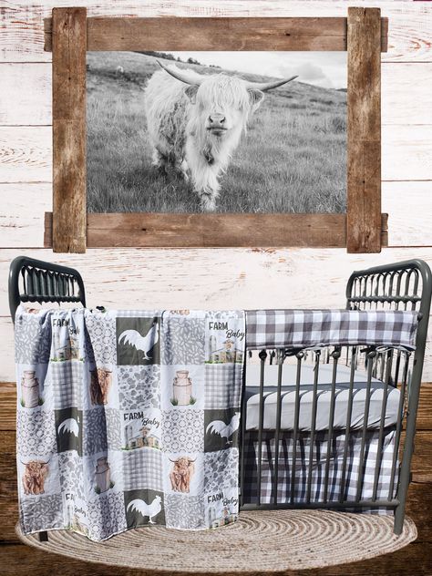 Snuggle your little one in our Highland Cow Farm nursery collection. This neutral bedding set comes with a classic gray and white design, featuring a highland cow pattern for an adorable and cozy look. Perfect for a nursery or playroom. Check out Our Additional Nursery Components Available on the Website or Contact Cus Highland Cow Nursery, Neutral Bedding Sets, Highland Cow Pattern, Neutral Crib Bedding, Cow Nursery, Neutral Crib, Baby Ruth, Farmhouse Nursery, Neutral Bedding