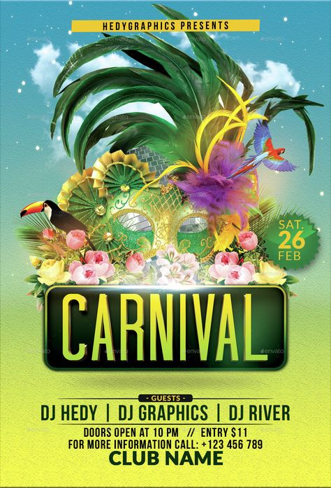 Carnival - Flyer Template Carnival Flyer, Carnival Party Invitations, Carnival Background, Carnival Design, Caribbean Party, Caribbean Carnival, Football Illustration, Graphic Design Photoshop, Carnival Themes