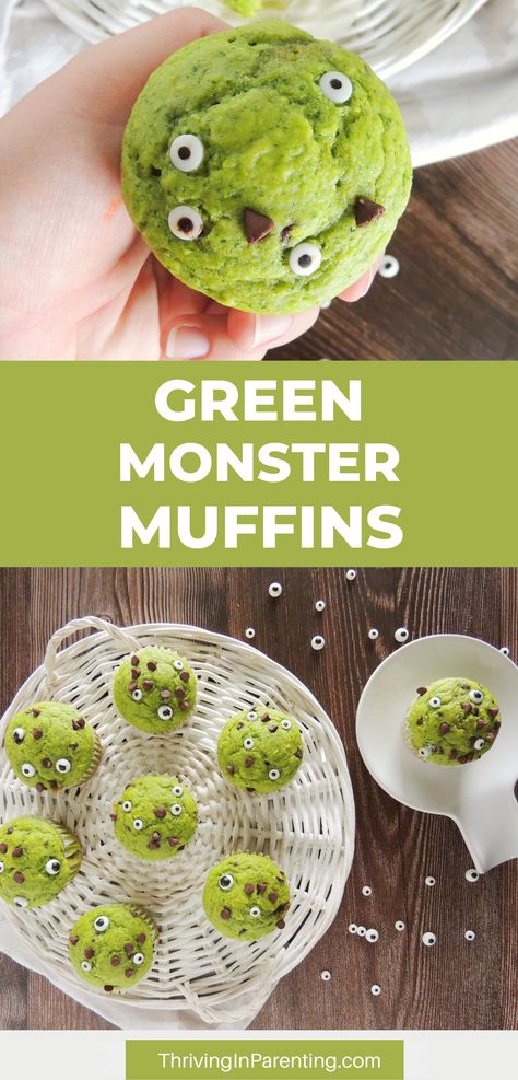 Delight your kids with these super fun and healthy green monster muffins this Halloween! The best part is that you can sneak in some spinach in these green monster veggie muffins. Use your blender for this easy recipe and your green muffins will be ready in no time! Spooky Halloween Muffins, Monster Muffins Green, Halloween Snacks For Kids Healthy, Green Monster Muffins, Healthy Halloween Cupcakes, Spinach Mini Muffins, Healthy Snacks Halloween, Halloween Veggie Cups, Halloween Healthy Desserts