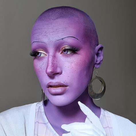 Full Face Purple Makeup, Purple Face Makeup, Purple Alien Makeup, Purple Skin Character, Fringe 2024, Purple Face Paint, Purple Alien, Paint Makeup, Alien Makeup