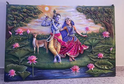 Scenery Tiles For Wall, Radha Krishna Tiles For Wall, Radha Krishna Wall Mural, Radha Krishna Wall Painting Ideas, Radha Krishna Wall Painting, Krishna Wall Painting, Mural Art Design, Buddhist Art Drawing, Janmashtami Decoration