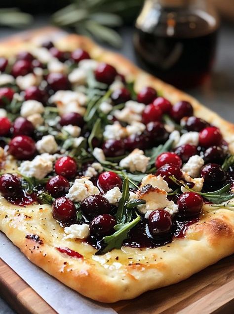 Tory Recipes | Cranberry Goat Cheese Bliss Flatbread | Facebook Cranberry And Goat Cheese Flatbread, Cranberry Goat Cheese Flatbread, Goat Cheese And Jam, Cranberry Pizza, Recipes With Goat Cheese, Flatbread Appetizers, Cranberry Goat Cheese, Goats Cheese Flatbread, Soy Ginger Dressing