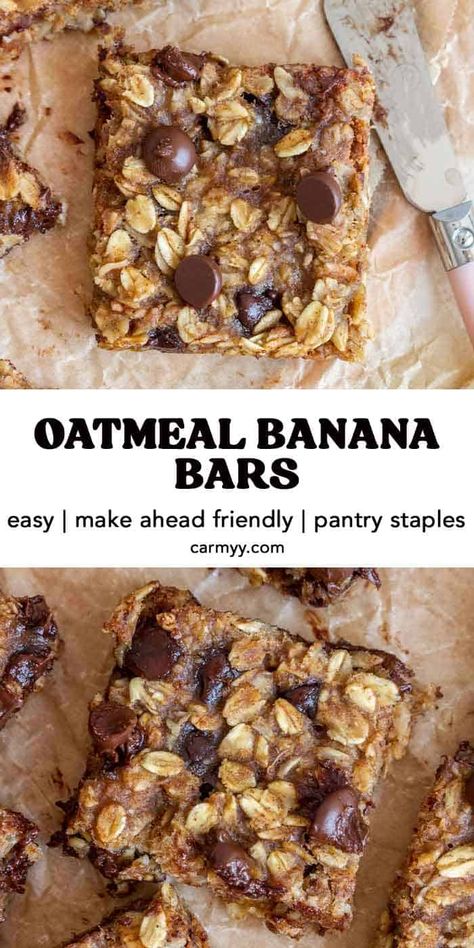 Made with pantry staples, this banana oatmeal bars recipe is perfect for breakfast or as a snack! Full of wholesome ingredients, these oatmeal banana bars will keep you feeling full and satisfied. Gluten Free Banana Chocolate Chip Oatmeal Breakfast Bars, Healthy Recipes With Bananas And Oats, Oatmeal Bars With Bananas, Oatmeal Bake Bars, Oatmeal Cinnamon Bars, Baked Banana Oat Bars, Banana Oatmeal Recipes Healthy, Healthy Banana Granola Bars, Soft Baked Banana Oatmeal Bars