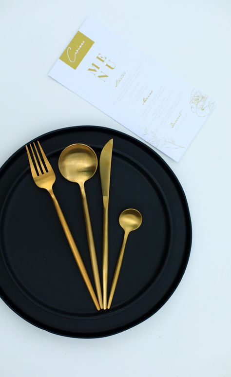 Black Matte Dinner Plate & Side. Brushed Gold Flatware Cutlery Set Black Plate Gold Cutlery, Black Dinnerware Set, Gold Cutlery Set, Black Dinnerware, Black Dinner, Dinner Side, Gold Cutlery, Gold Flatware, Dinner Sides