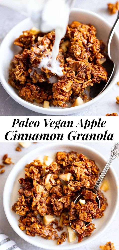 This apple cinnamon granola is the ultimate grain free granola for fall! Packed with apple pie spice, chopped nuts, coconut, chewy dried apples and sweetened with maple syrup, this baked granola is perfect for breakfast with dairy free milk or for snacking on by the handful! It’s vegan, dairy free, and paleo friendly. #paleo #vegan #cleaneating Sugar Free Granola Recipe, Cinnamon Granola Recipe, Apple Cinnamon Granola, Paleo Granola Recipe, Grain Free Vegan, Paleo Running Momma, Paleo Recipes Snacks, Grain Free Breakfast, Paleo Granola