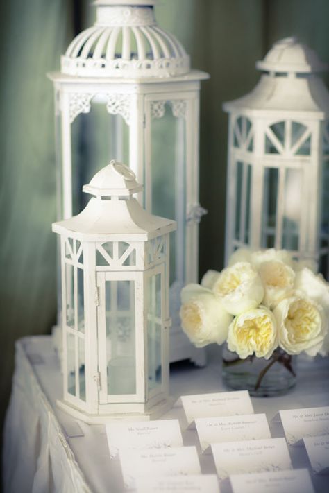 Beautiful Wedding Centerpiece, Peony Arrangement, Lush Wedding, Cool Color Palette, White Lanterns, Tony Montana, Vintage Lanterns, Flower Centerpieces Wedding, Mod Wedding