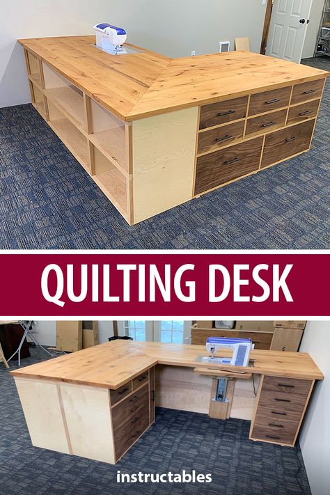 Make it easier to arrange and sew your pieces with a quilting desk. Plenty of workspace and storage. #Instructables #workshop #woodshop #woodworking #sewing #crafts Craft Room Tables, Sewing Desk, Sewing Room Furniture, Sewing Room Inspiration, Sewing Room Storage, Sewing Spaces, Sewing Room Design, Dream Craft Room, Craft Room Design