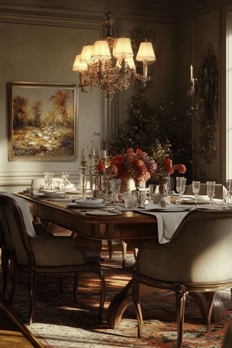 Create a cozy dining space with vintage-inspired decor and timeless charm. #VintageDining #ClassicDecor #TimelessStyle Italian Countryside House, Fancy Dining Room, English Dining Room, Luxury Dining Room Decor, Dining Room Decor Ideas, Dining Room Decor Modern, Transitional Interior Design, Vintage Apartment, House Dining Room