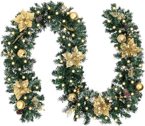 Amazon.com: CEWOR 9 Ft Artificial Christmas Garland Green Rattan with Gold Flower Decorations with 50 Warm White LED Lights Unpre-lit for Home Stairs Fireplace Front : Home & Kitchen Christmas Garland For Front Door, Sunroom Christmas, Stairs Fireplace, Black Gold Christmas, Fireplace Fronts, White Stairs, Artificial Christmas Garland, Artificial Garland, Warm White Led Lights