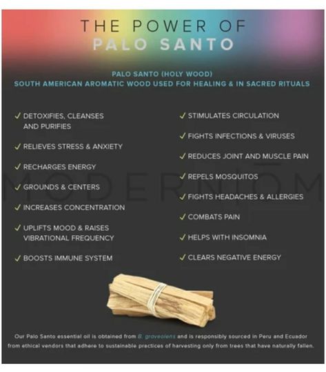 From the good people at Modern Om Palo Santo Benefits, Palo Santo Essential Oil, Spiritual Tips, Spiritual Psychology, Vibrational Frequency, Clear Negative Energy, Boost Immune System, Mosquito Repellent, Muscle Pain