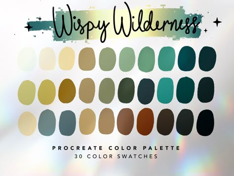 Wispy Wilderness Color Palette For Procreate This color palette contains 30 color swatches to use in Procreate App. These colors were handpicked and were inspired by enchanted forests and fantasy. ⭐️ || YOU WILL RECEIVE || ⭐️ 1 x Procreate Palette Instructions 1 x JPG file with all swatches 1 x Wispy Wilderness Color Palette for Procreate || .swatches file ⭐️ || HOW TO USE || ⭐️ 1. You will receive an email after you complete checkout with a link to download the files. 2. You can also log into y Dark Aesthetic Color Palette, Enchanted Forest Color Palette, Fantasy Color Palette, Forest Color Palette, Procreate Swatches, Color Palette Procreate, Procreate Palette, Procreate Color Palette, Color Palette Challenge