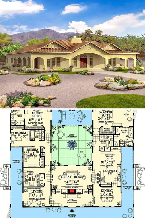 like the floor plan, no attached garage, I hate the look outside Mexican Hacienda Floor Plans, Hacienda House Plans, House Plans With Courtyard, Hacienda Floor Plans, Adobe House Plans, One Story House Plans, Open Courtyard, Multigenerational House Plans, One Story House